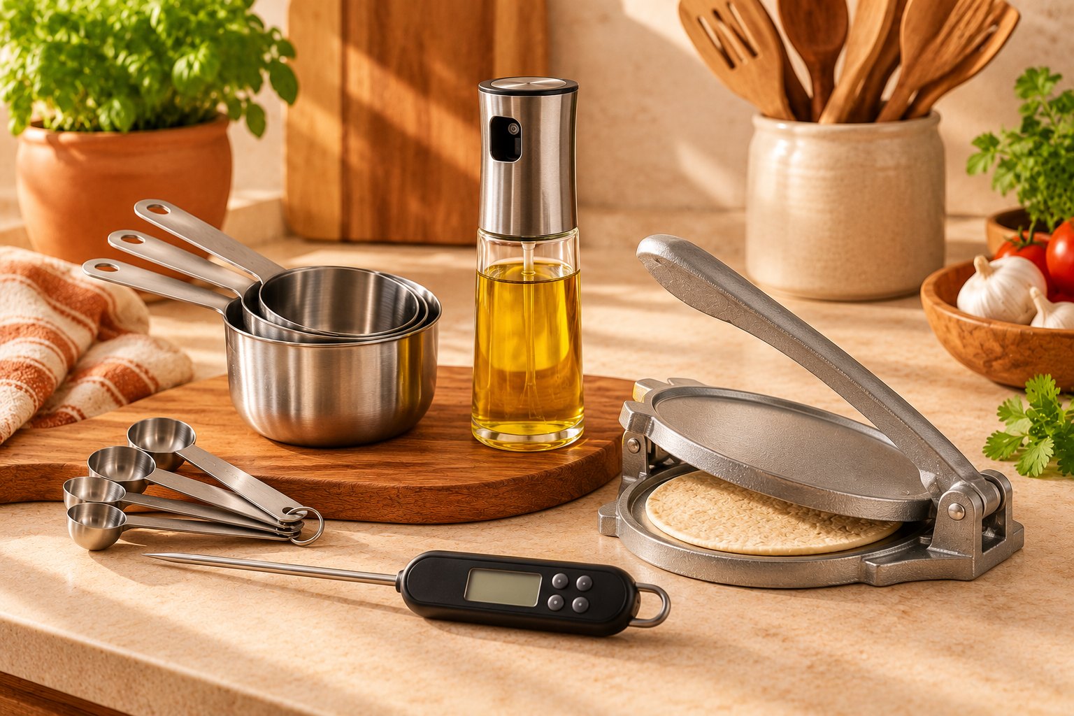 Termómetro digital, cucharas y tazas medidoras, rociador de aceite y prensa de tortillas sobre una encimera