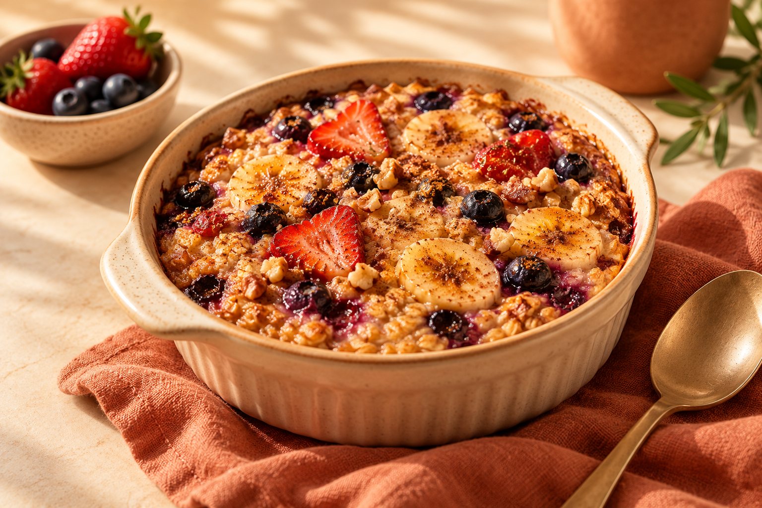 Avena horneada con plátano, fresas y arándanos en una fuente